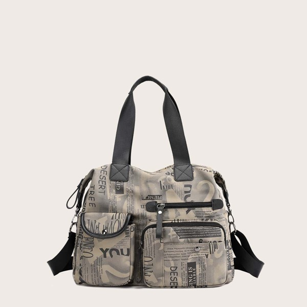 

Letter Graphic Double Pocket Front Tote Bag, Multicolor