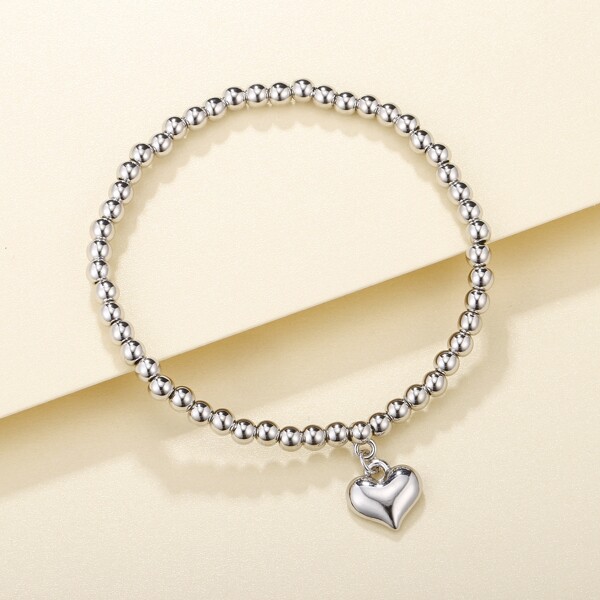 

Heart Pendant Beaded Bracelet, Silver
