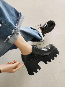 亮面粗高跟牛津鞋 - 黑色 - 查看 2