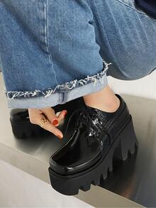 亮面粗高跟牛津鞋 - 黑色 - 查看 4