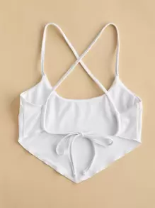 SHEIN Swim Rib Hanky Hem Tie Back Bikini Top, For Summer Beach Vacation - White - View 2