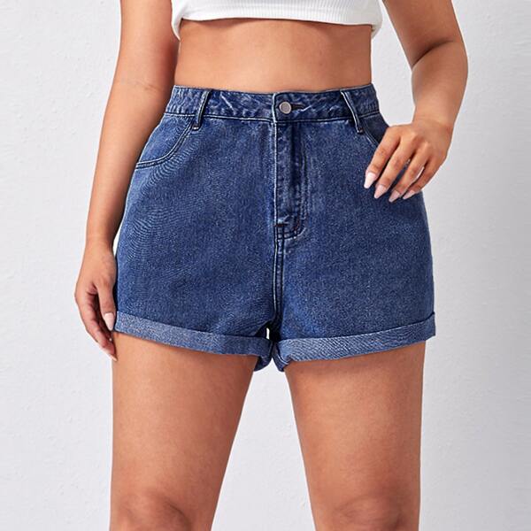 

Plus Slant Pocket Roll Hem Denim Shorts, Dark wash