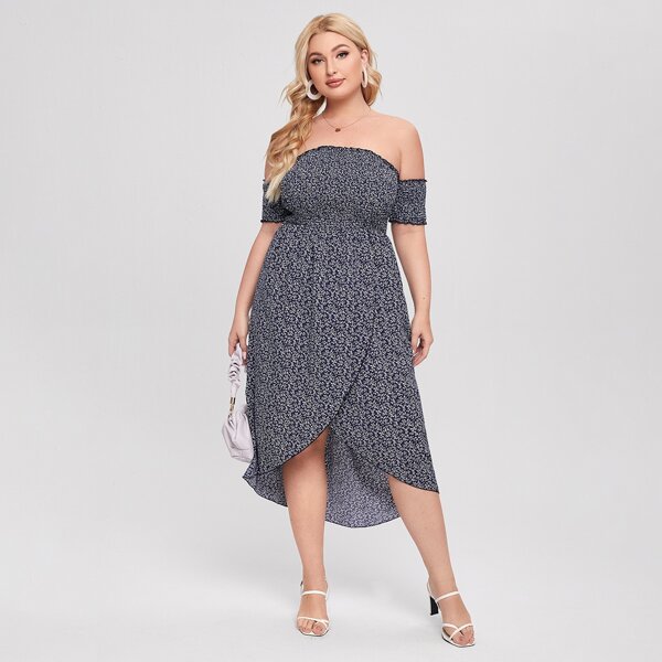 

Plus Ditsy Floral Tulip Hem Bardot Dress, Navy blue