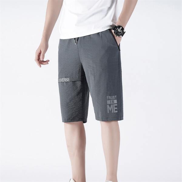 

Men Letter Graphic Drawstring Waist Bermuda Shorts, Dusty blue