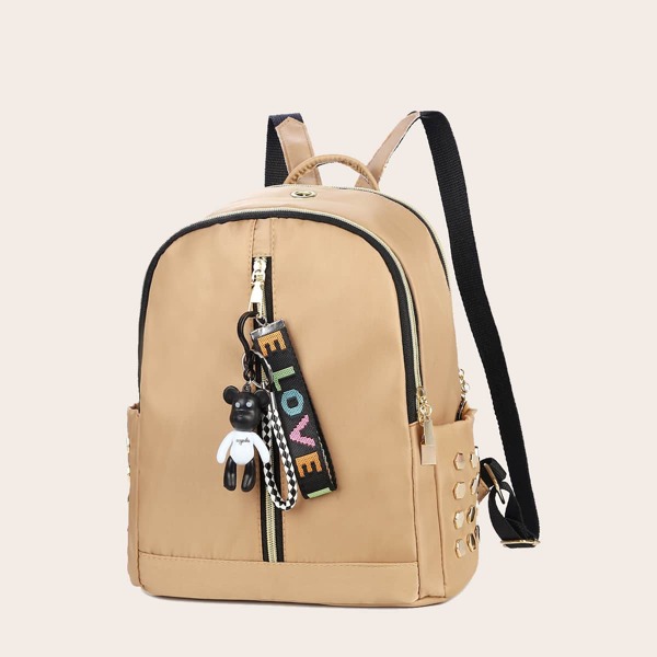 

Cartoon Charm Studded Decor Backpack, Khaki