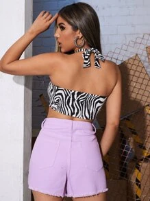 SHEIN Unity Zebra Striped Tie Back Halter Top - Black and White - View 2