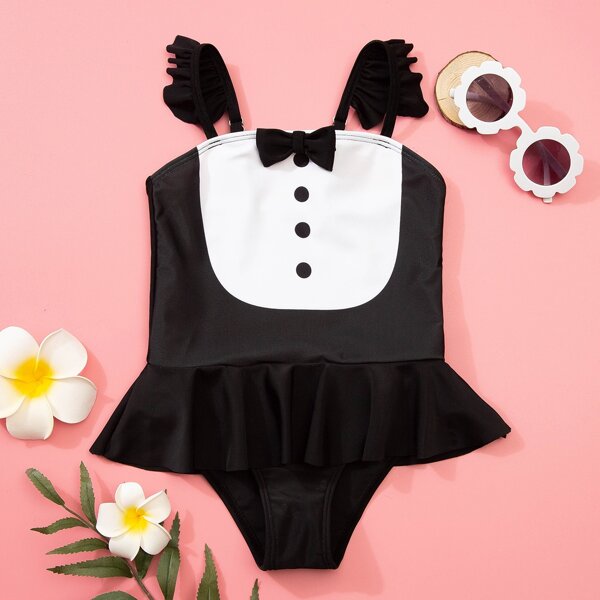 

Toddler Girls Ruffle Bow Front One Piece Swimsuit, Black and white