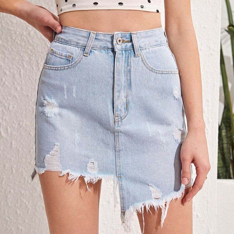 

High Waist Ripped Raw Hem Denim Skirt, Light wash