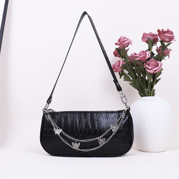 

Chain Decor Croc Embossed Baguette Bag, Black