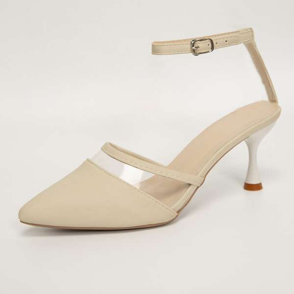 

Clear Detail Pyramid Ankle Strap Pumps, Beige