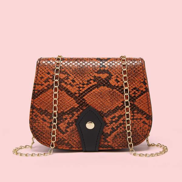 

Snakeskin Print Chain Saddle Bag, Rust brown