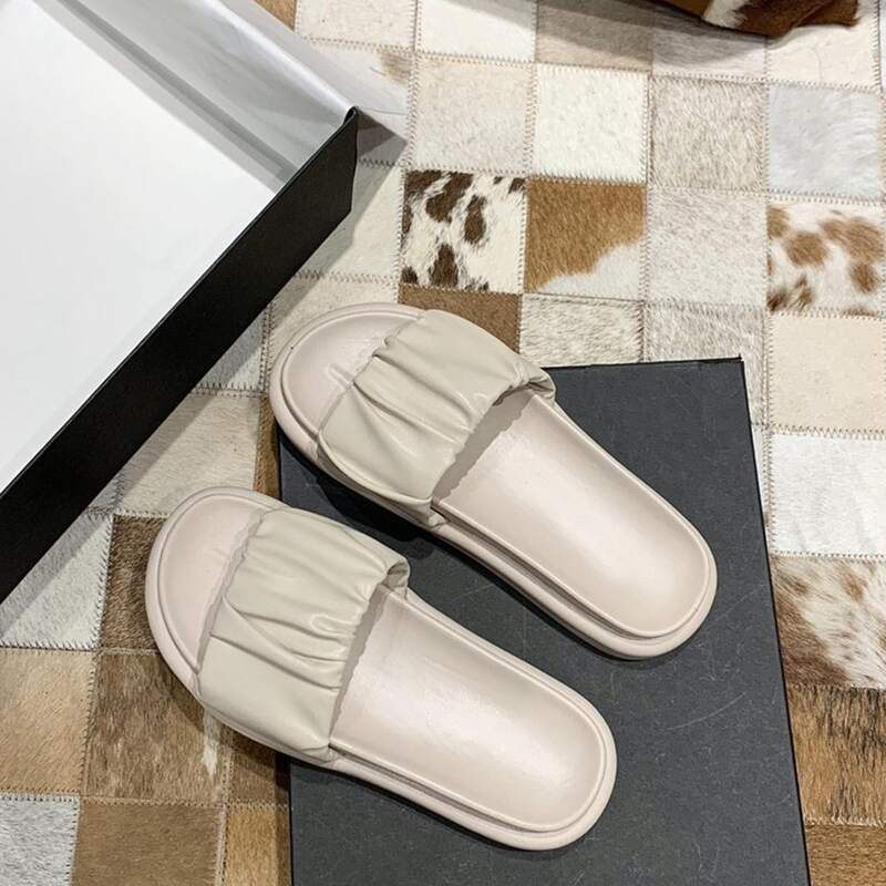 

Ruched Wide Band Slide Sandals, Beige