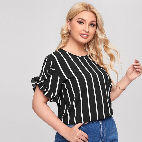 

Plus Striped Ruffle Trim Blouse, Black