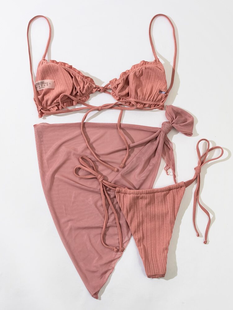 3packs Lettuce Trim Thong Bikini Set & Beach Skirt - Rusty Rose - View 2