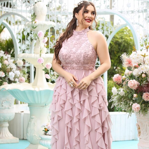 

Plus Embroidered Ruffle Trimed Lace Up Dress, Baby pink