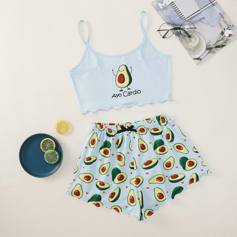 

Letter Avocado Graphic Lettuce Trim Pajama Set, Multicolor