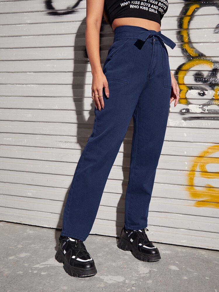 High Waisted Pocket Patched Tie Front Jeans - Dark Wash - View 5