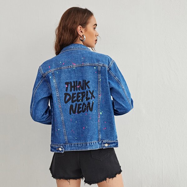 

Letter Graphic Flap Pocket Denim Jacket, Medium wash