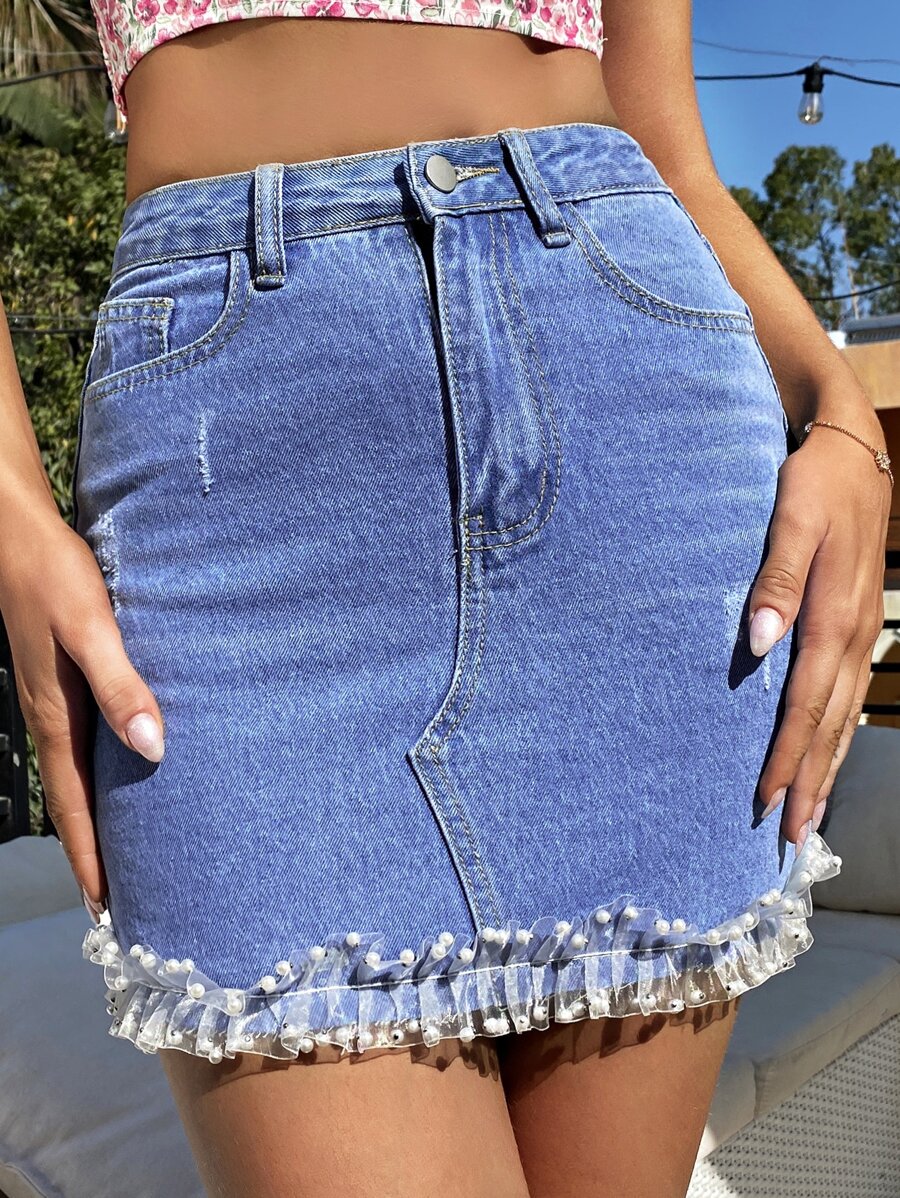 Falda mezclilla con perlas panel con malla - Lavado ligero - Ver 1