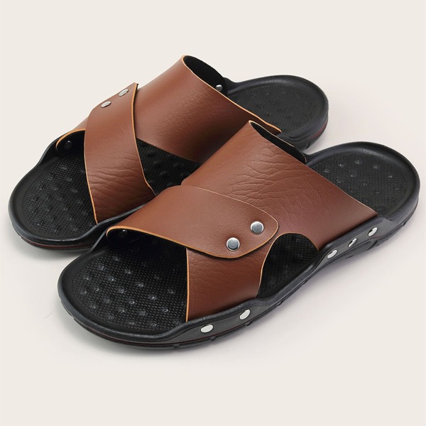 

Men Studded Decor Cut Out Slides, Brown