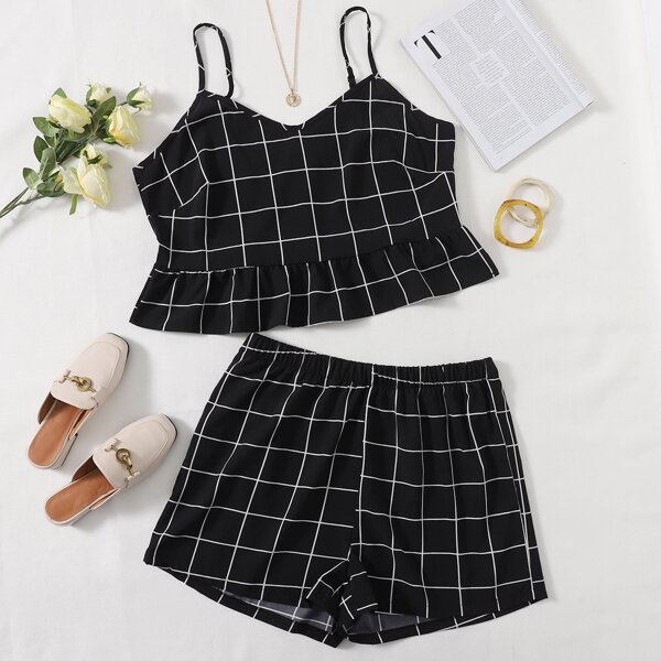 

Plus Grid Print Ruffle Hem Crop Cami Top & Shorts, Black