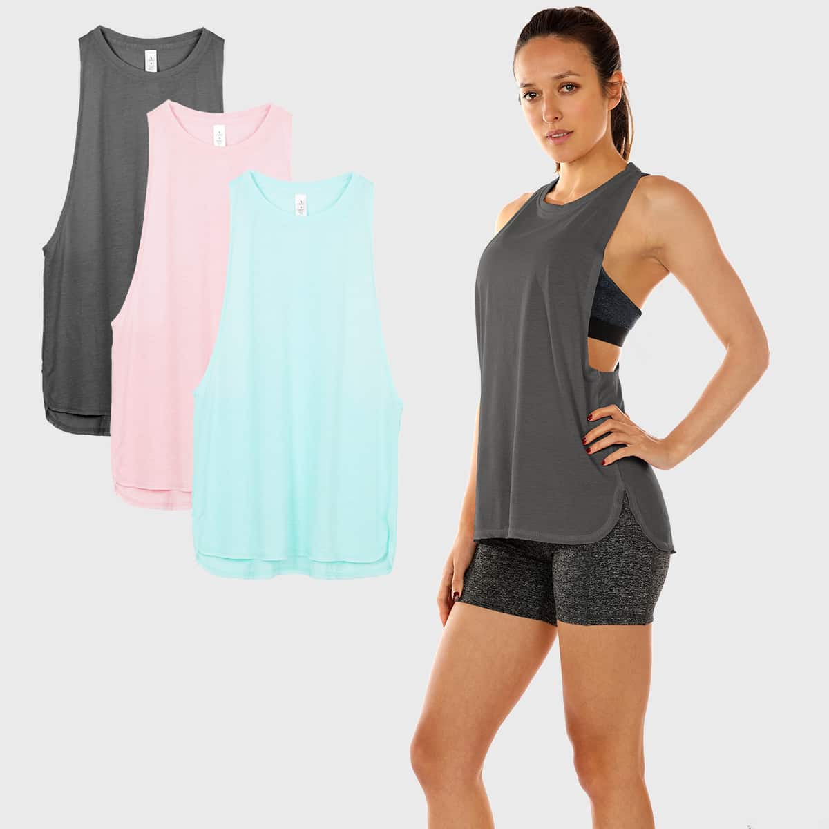

3pack Low Side Curved Hem Sports Tank, Multicolor