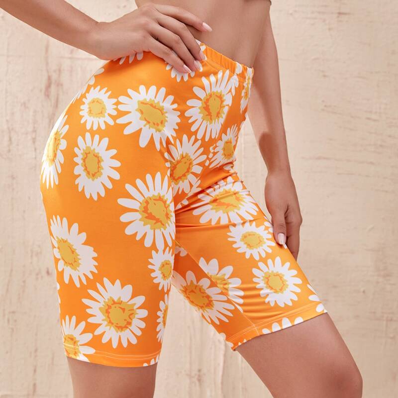 

Floral High Waist Biker Shorts, Orange