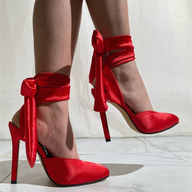 

Satin Tie Leg Stiletto Heels, Red