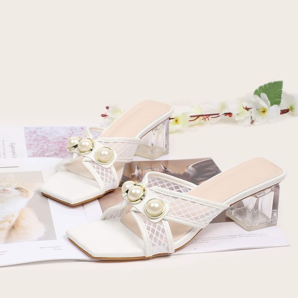 

Faux Pearl Decor Chunky Heeled Mules, White
