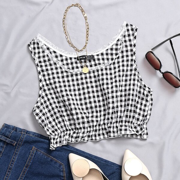 

Frilled Ruffle Hem Gingham Tank Top, Black and white