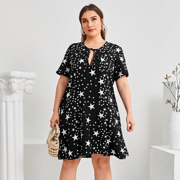 

Plus Galaxy Print Keyhole Tie Neck Tunic Dress, Black