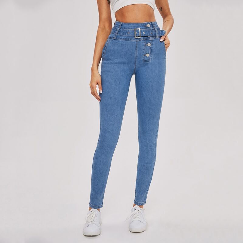 

High Waist Buckle Belted Buttoned Front Jeans, Medium wash