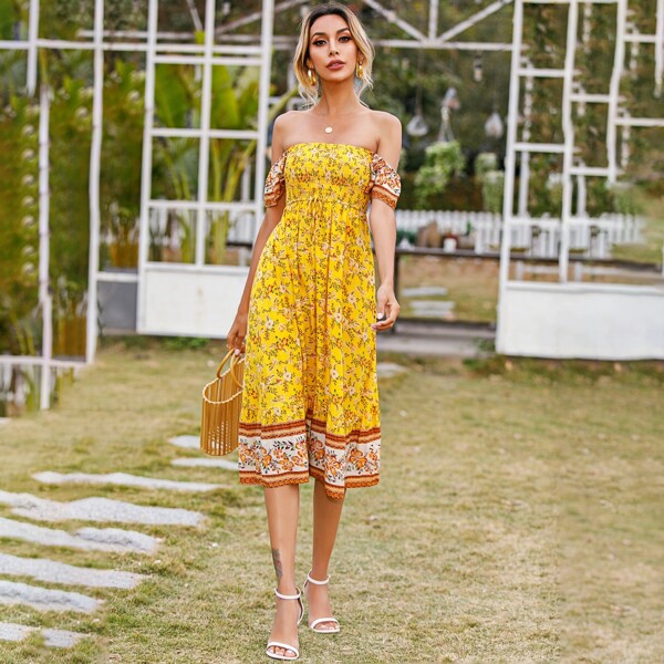 

Off Shoulder Shirred Bodice Allover Floral Dress, Yellow