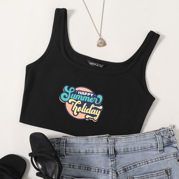 

Letter Graphic Crop Tank Top, Black