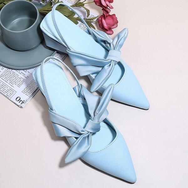 

Bow Decor Chunky Slingback Heels, Baby blue
