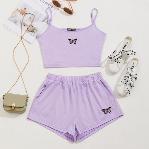 

Butterfly Embroidered Cami Top & Shorts Set, Lilac purple