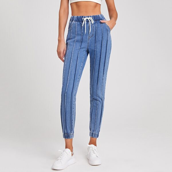 

Drawstring Waist Seam Front Jeans, Medium wash