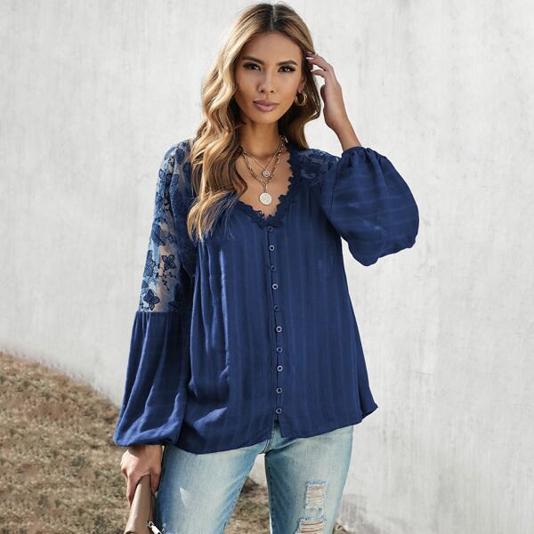 

Contrast Lace Sheer Panel Blouse, Navy blue