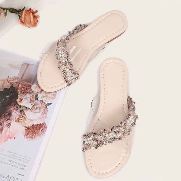 

Clear Detail Faux Pearl Decor Slide Sandals, Pink