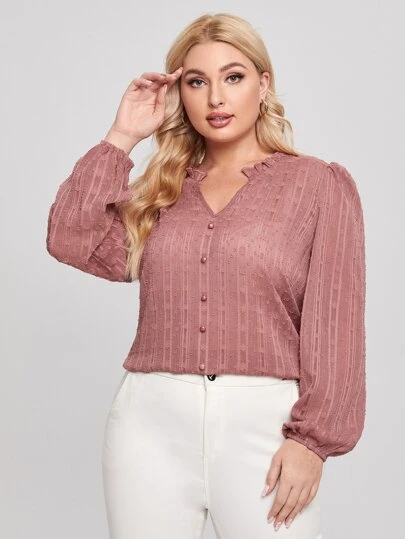 SHEIN LUNE 大碼素色荷葉邊缺口領襯衫