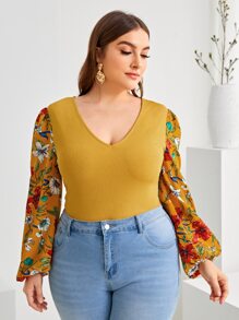 Plus Contrast Floral Sleeve V-neck Top - Mustard Yellow - View 1
