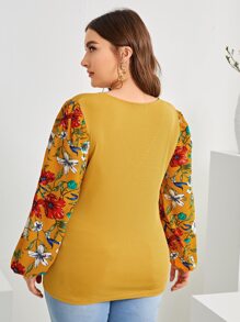 Plus Contrast Floral Sleeve V-neck Top - Mustard Yellow - View 2