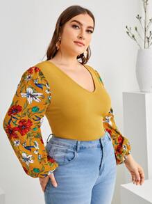 Plus Contrast Floral Sleeve V-neck Top - Mustard Yellow - View 5