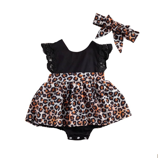 

Baby Girl Contrast Leopard Panel Dress With Headband, Multicolor