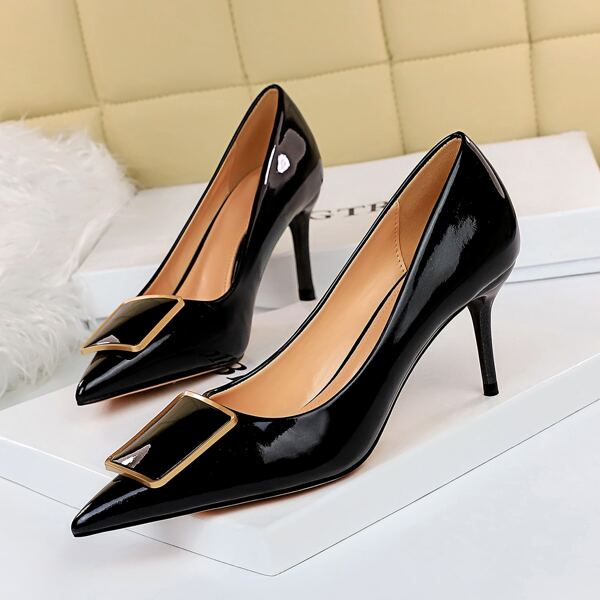 

Point Toe Stiletto Heeled Court Pumps, Black