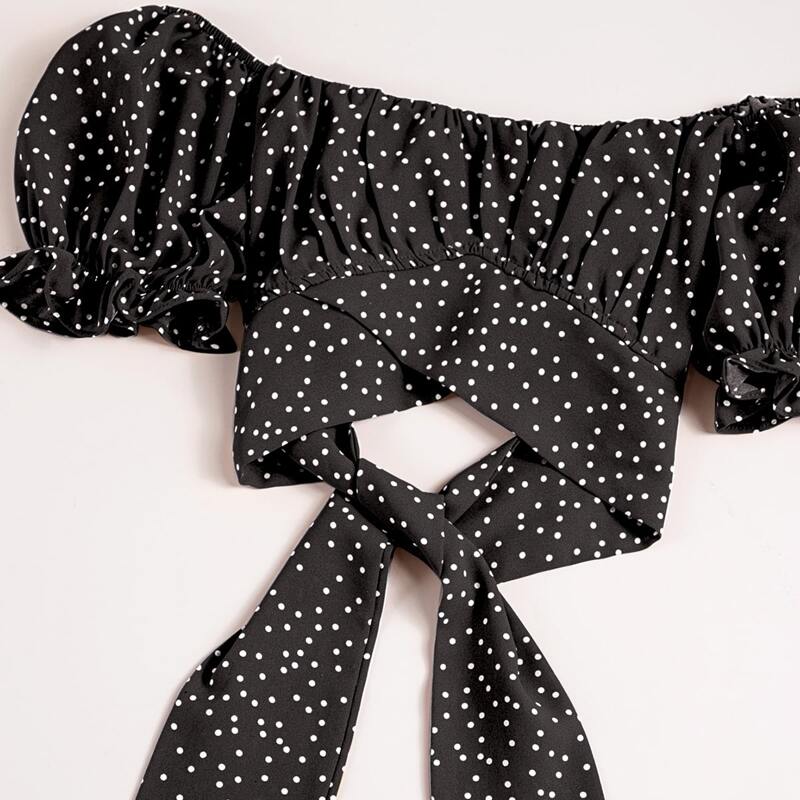 

Polka Dot Puff Sleeve Tie Back Crop Blouse, Black