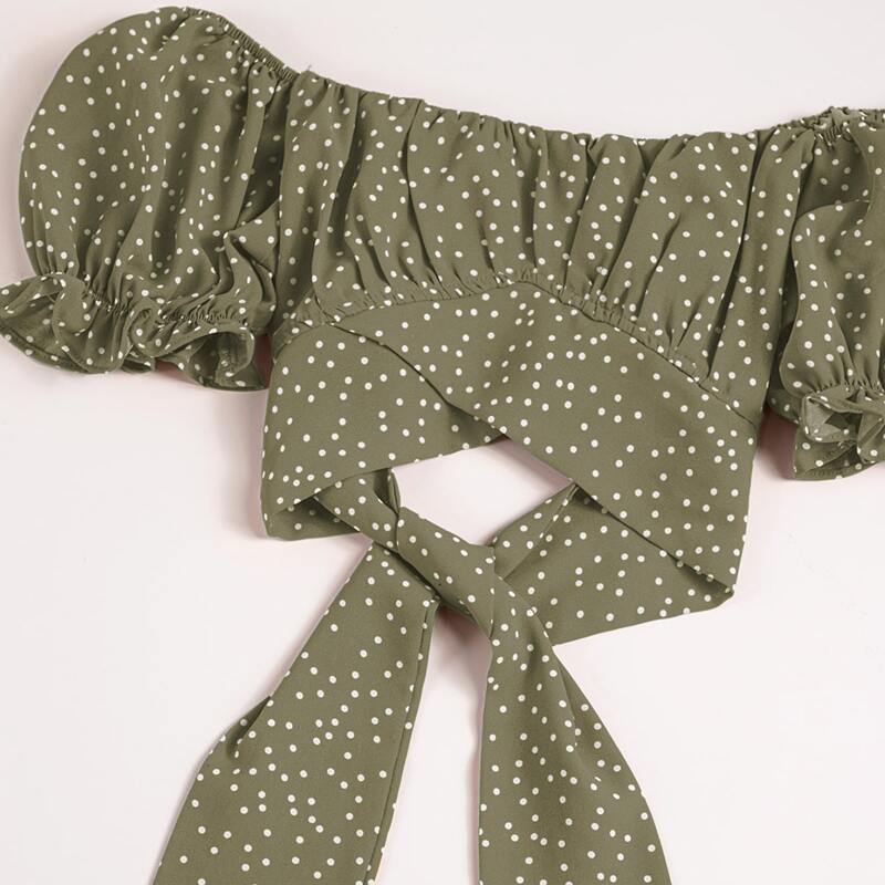 

Polka Dot Puff Sleeve Tie Back Crop Blouse, Olive green