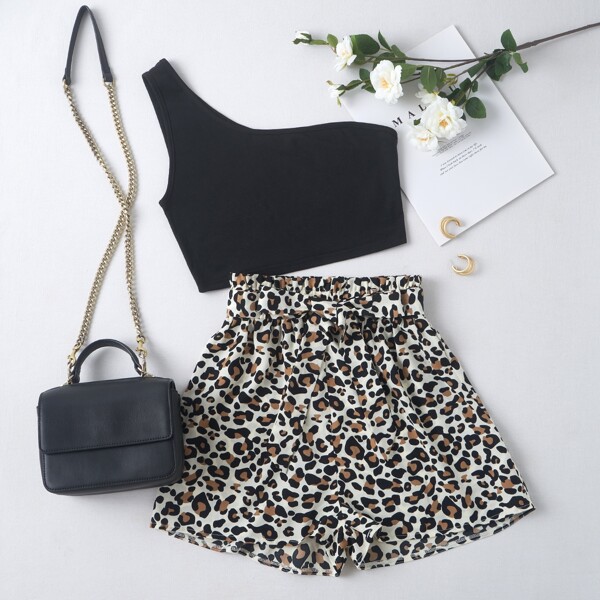 

One Shoulder Top & Leopard Belted Shorts Set, Multicolor