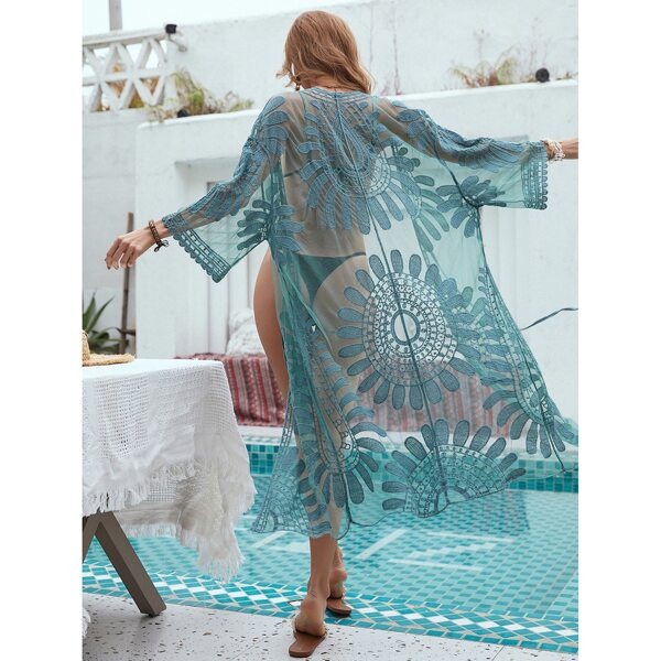 

Embroidered Mesh Tie Front Longline Kimono, Cadet blue