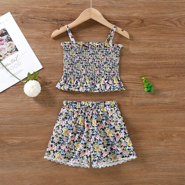 

Toddler Girls Floral Print Shirred Cami Top & Shorts, Multicolor